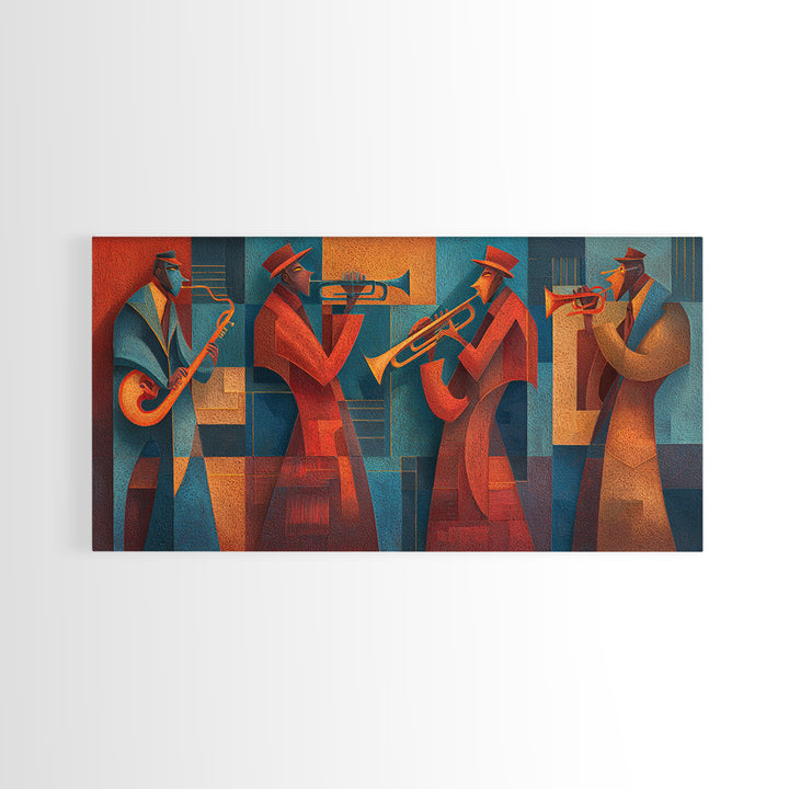 Red Teal Jazz Horn Ensemble Framed Canvas Print, Midcentury Modern Wall Art, Retro Music Poster, Masculine Decor Gift For Him
