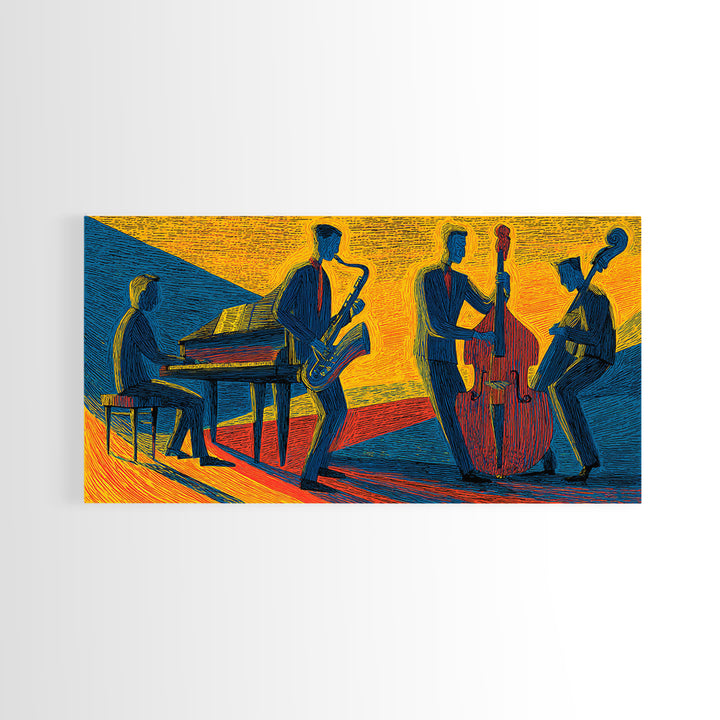 Yellow Blue Jazz Club Quartet Canvas Print, Midcentury Modern Art, Retro Wall Art, Sax Piano Bass Living Room Decor Poster
