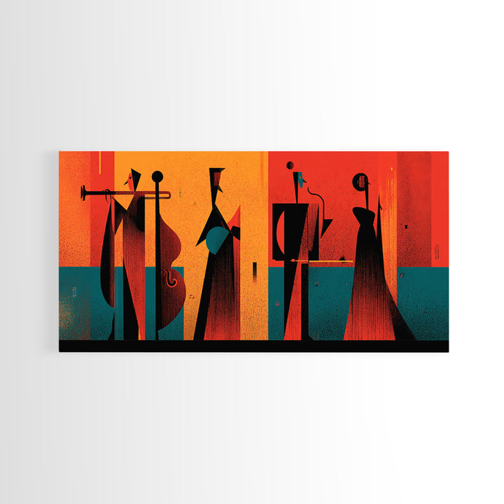 Orange Black Abstract Jazz Ensemble Wall Art, Midcentury Modern Poster, Atomic Art Print, Bold Geometric Home Decor For Musicians
