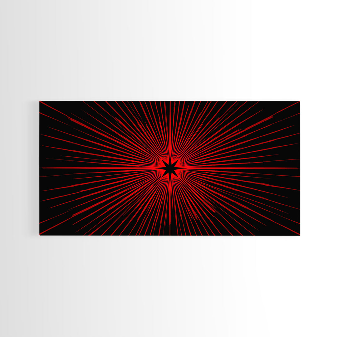 Red Starburst On Black Wall Art, Midcentury Modern Op Art Poster, Atomic Sunburst Canvas Print, Bold Geometric MCM Decor
