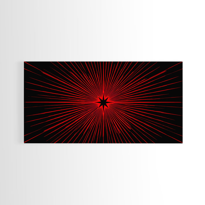 Red Starburst On Black Wall Art, Midcentury Modern Op Art Poster, Atomic Sunburst Canvas Print, Bold Geometric MCM Decor