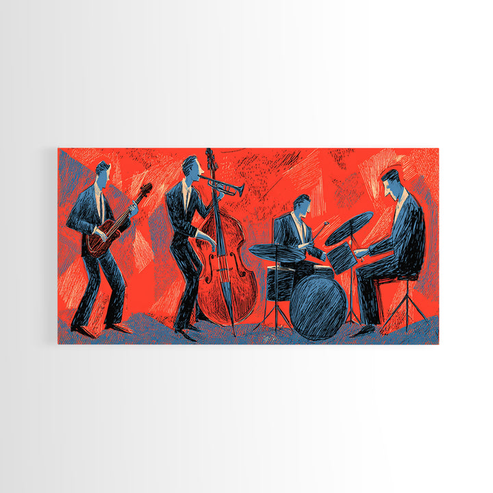 Red Blue Jazz Band Canvas Print, Midcentury Modern Wall Art, Abstract Music Poster, Living Room Decor Gift For Musicians