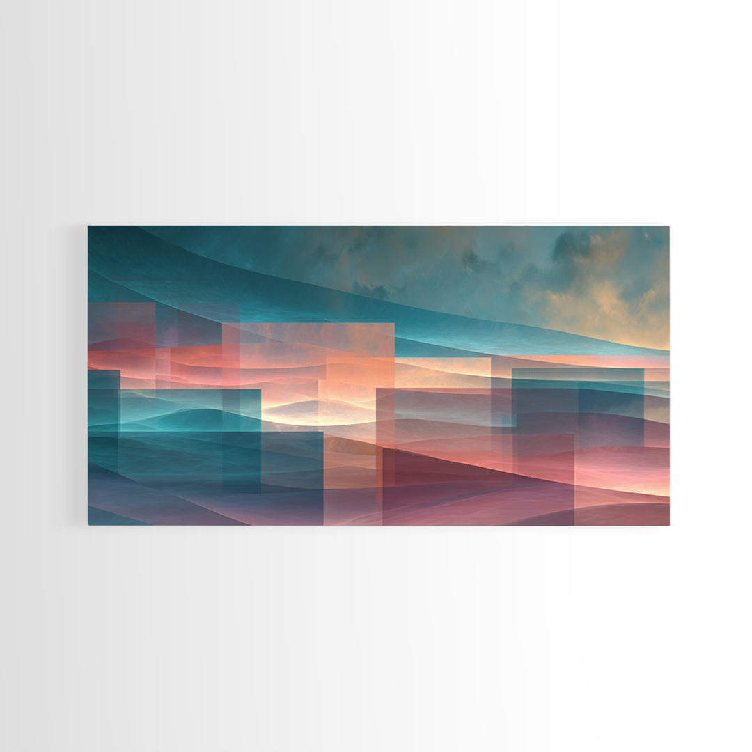 Layered Sunset Mountain Geometry Wall Art, Midcentury Modern Art Print, Teal Pink Landscape Decor, Abstract Home Office Art