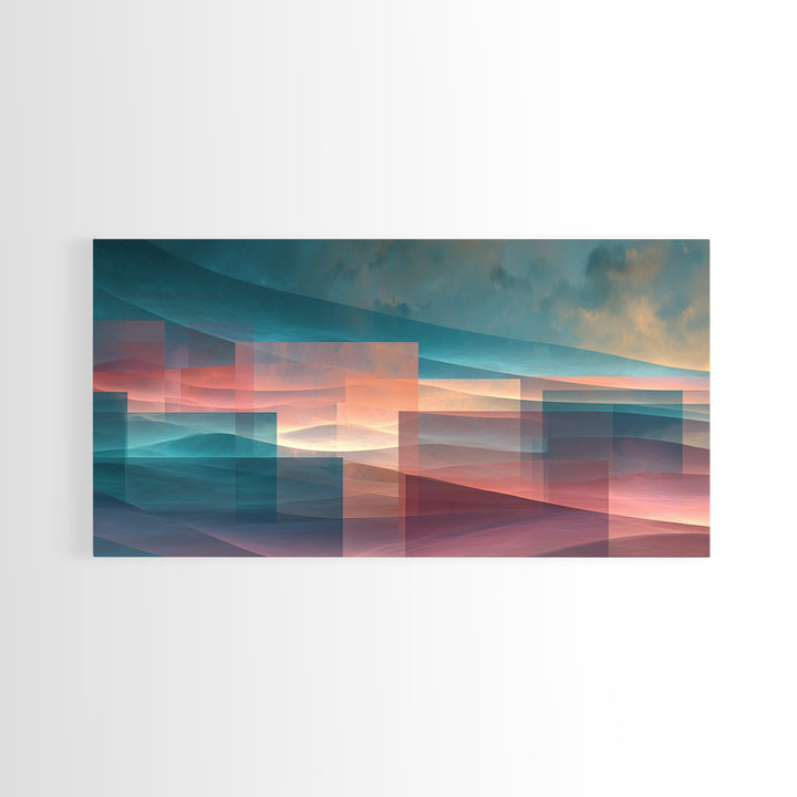 Layered Sunset Mountain Geometry Wall Art, Midcentury Modern Art Print, Teal Pink Landscape Decor, Abstract Home Office Art
