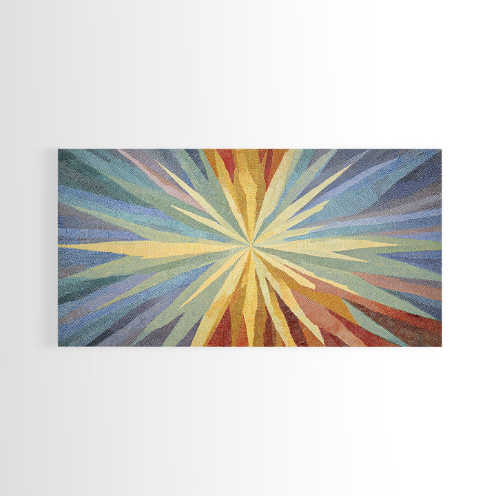 Woven Sunburst Rays Abstract Wall Art, Modern Geometric Art Print, Midcentury Canvas Decor, Blue Yellow Statement Piece Art