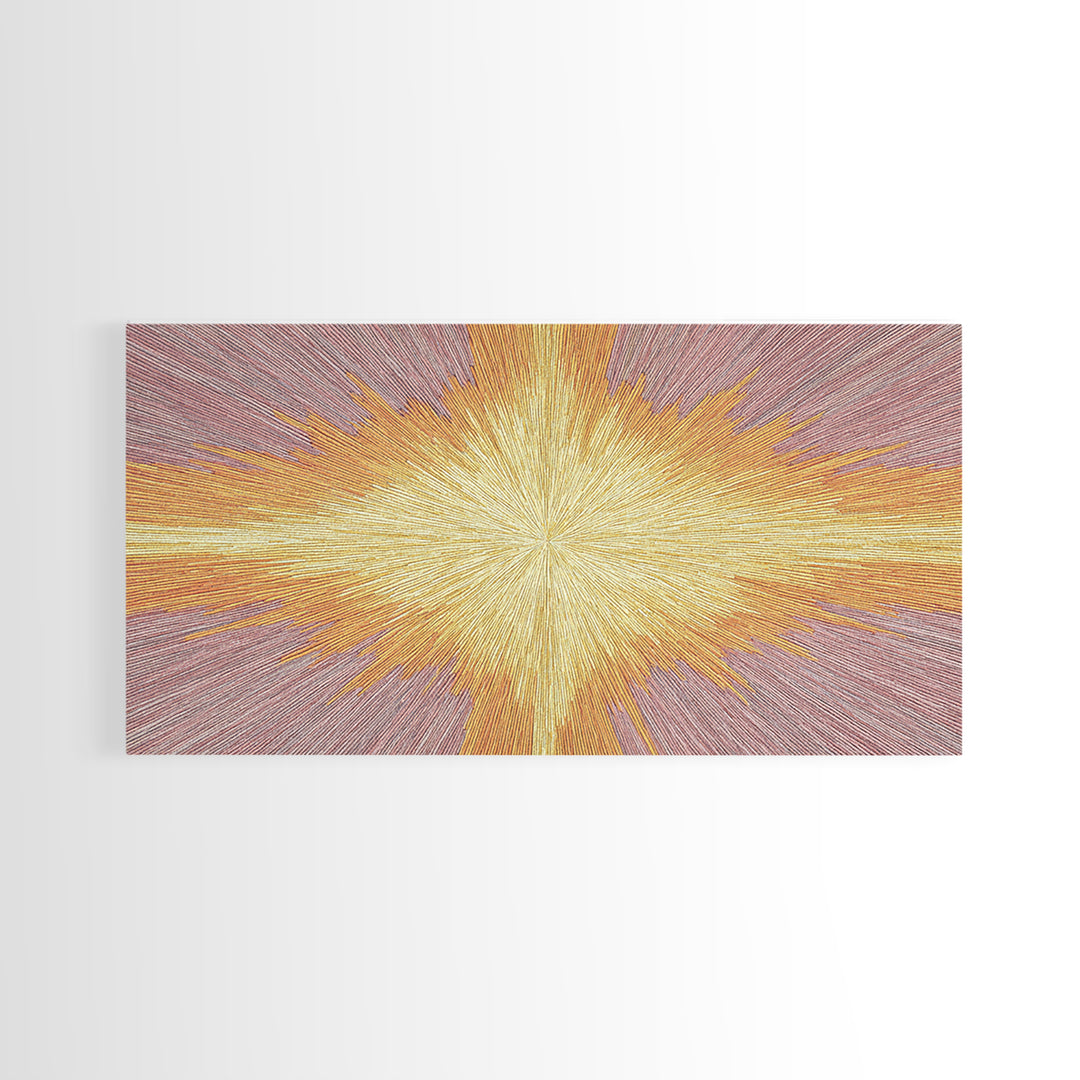 Golden Radiant Cross Starburst Framed Canvas Print, Spiritual Wall Art, Modern Christian Abstract Decor, Purple Yellow Art