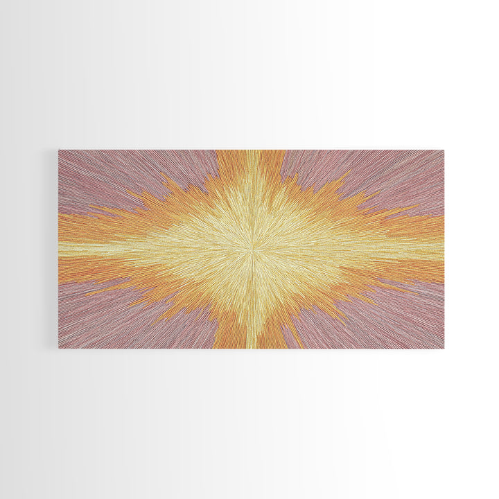 Golden Radiant Cross Starburst Framed Canvas Print, Spiritual Wall Art, Modern Christian Abstract Decor, Purple Yellow Art