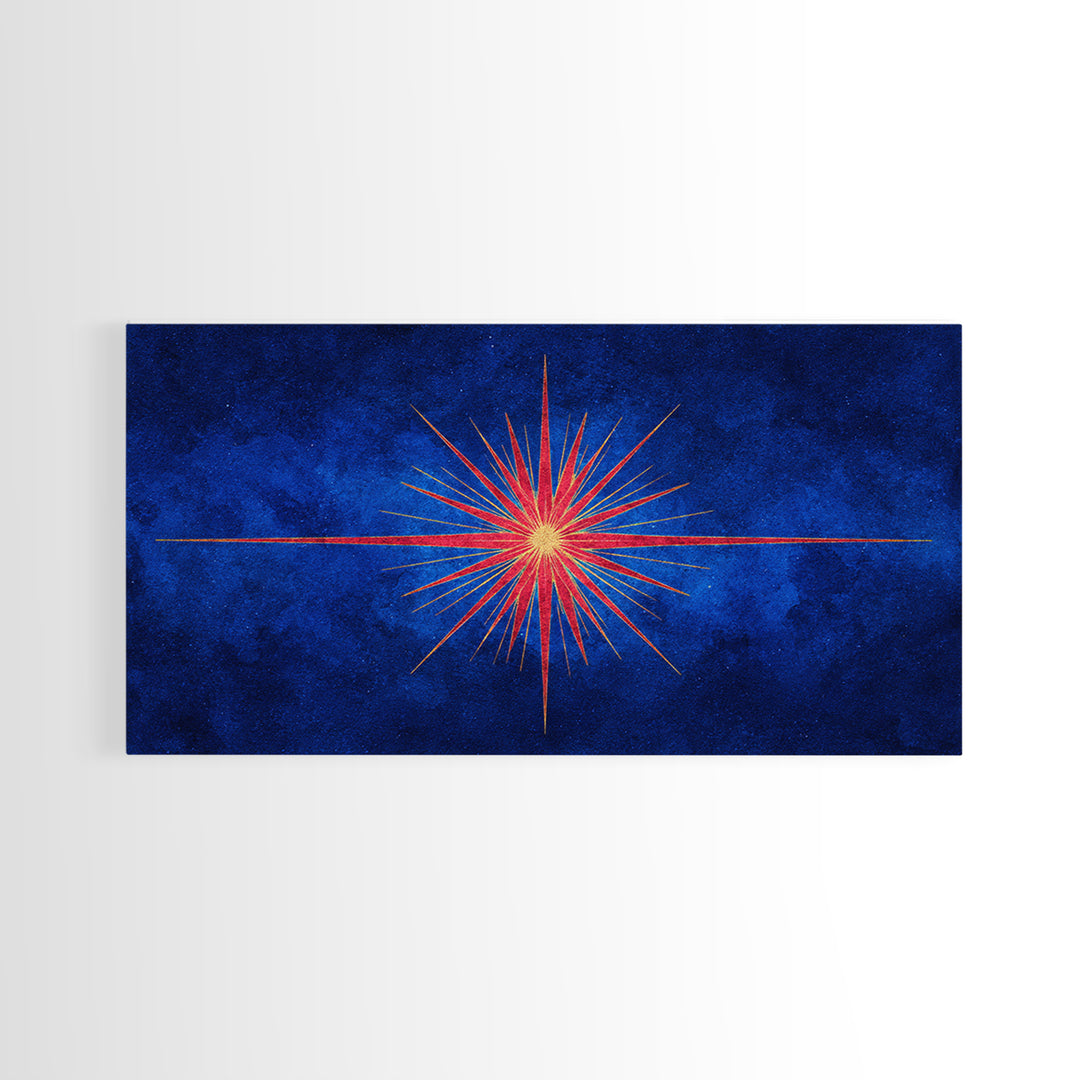 Blue Gold Starburst Framed Canvas Print, Mid Century Modern Atomic Wall Art, Retro Sunburst Poster, Elegant MCM Wall Decor