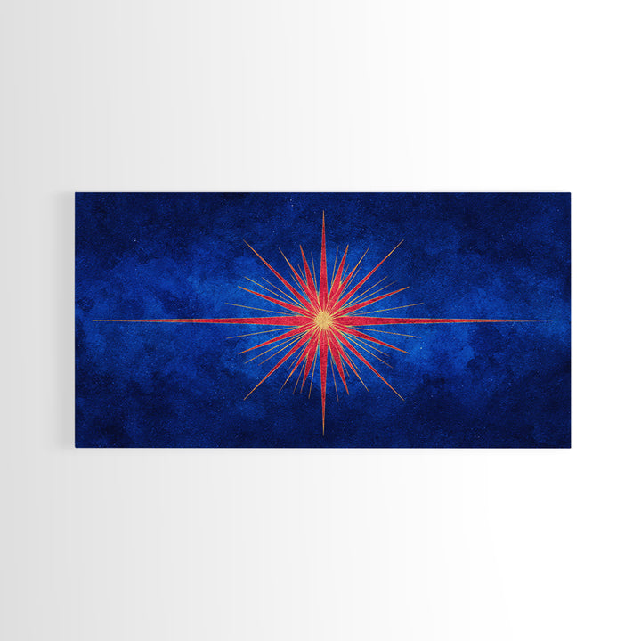 Blue Gold Starburst Framed Canvas Print, Mid Century Modern Atomic Wall Art, Retro Sunburst Poster, Elegant MCM Wall Decor
