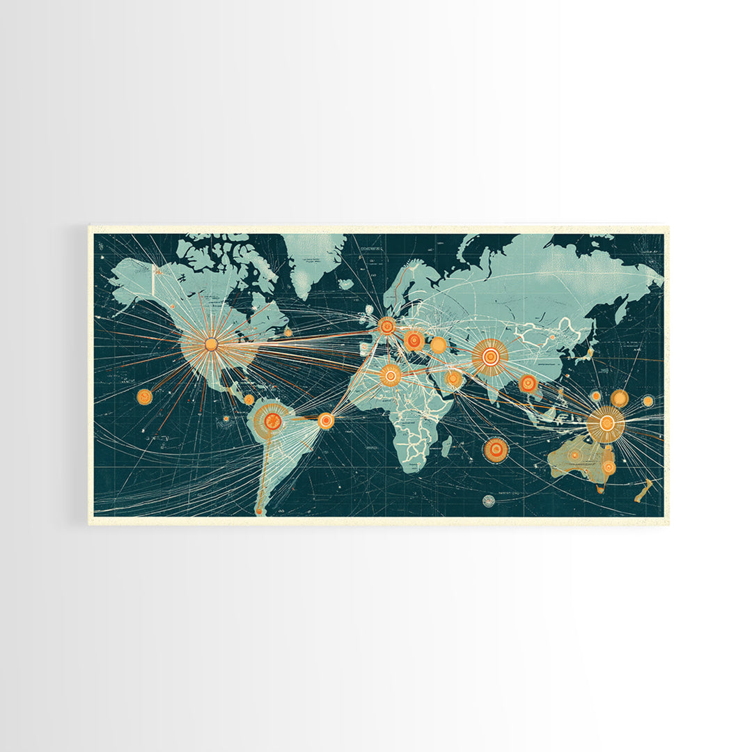 Teal Orange World Map Wall Art, Midcentury Modern Travel Print, Global Network Poster For Office Decor And Living Room Decor