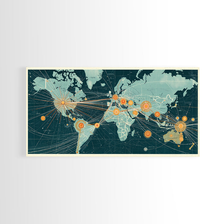 Teal Orange World Map Wall Art, Midcentury Modern Travel Print, Global Network Poster For Office Decor And Living Room Decor