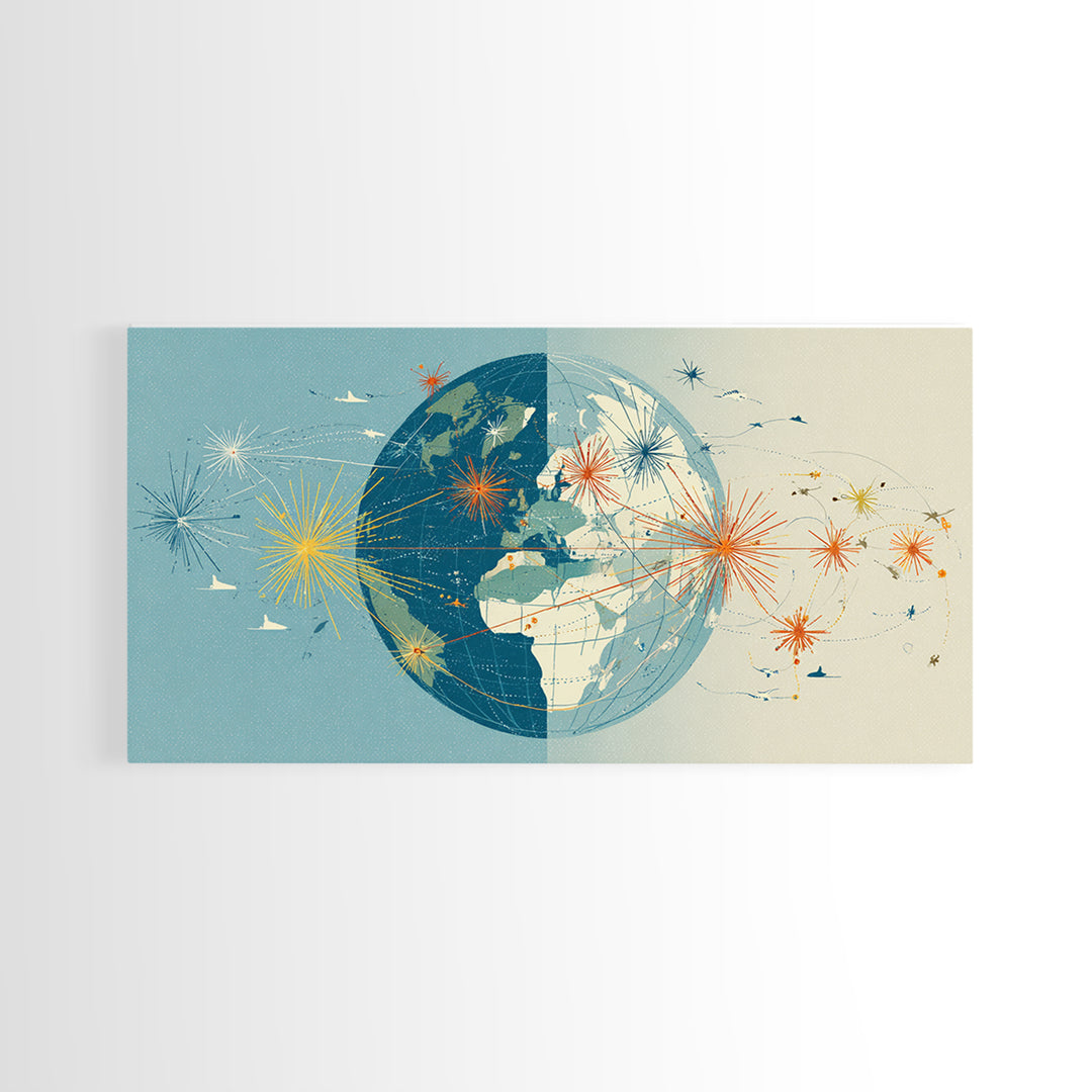 Split Globe Network Wall Art, Midcentury Modern Travel Print, Retro World Map Poster With Starbursts For Home Office Decor