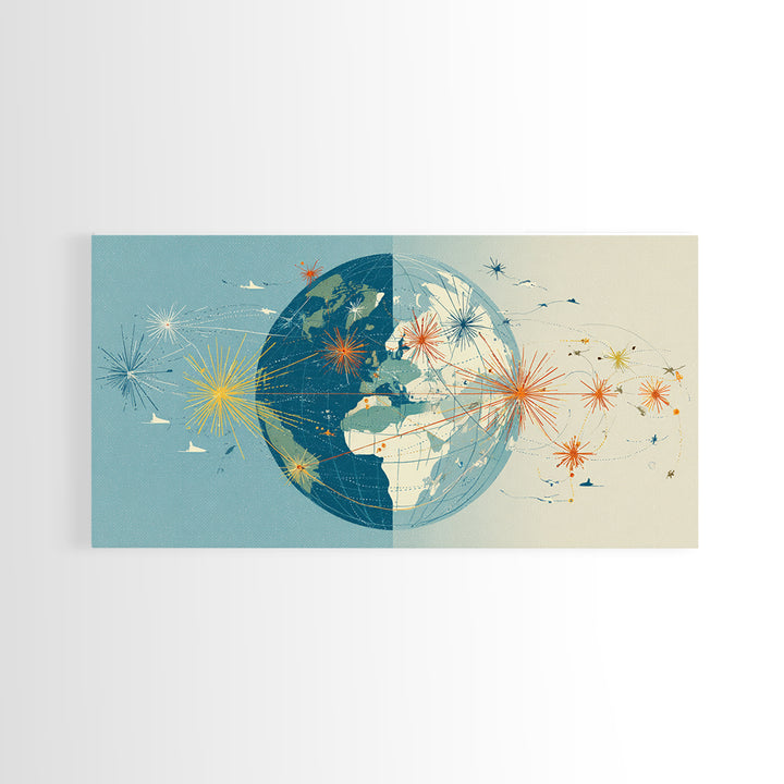 Split Globe Network Wall Art, Midcentury Modern Travel Print, Retro World Map Poster With Starbursts For Home Office Decor