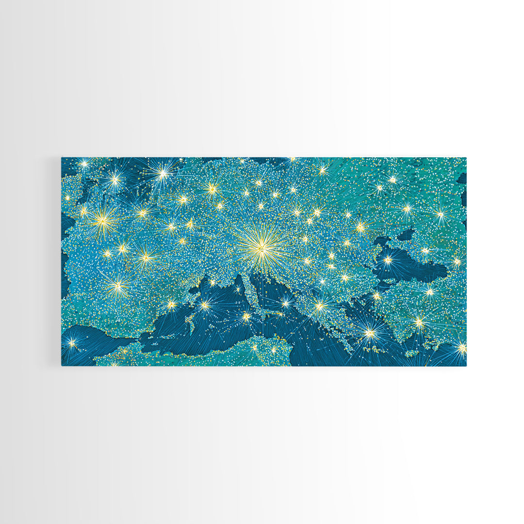 Blue Illuminated World Map Wall Art, Midcentury Modern Travel Print, Global Lights Poster For Office And Living Room Decor