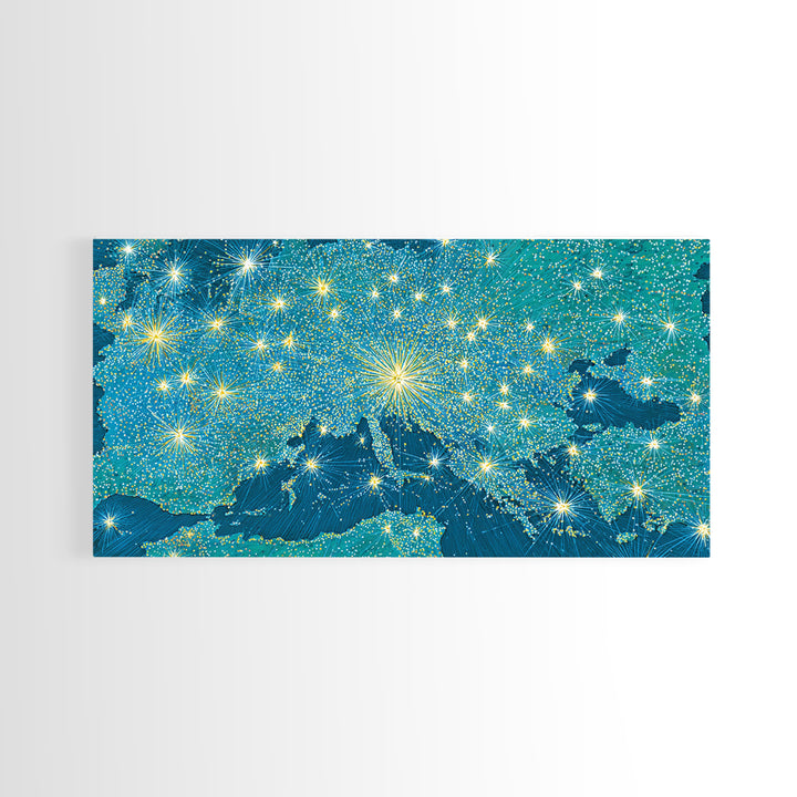 Blue Illuminated World Map Wall Art, Midcentury Modern Travel Print, Global Lights Poster For Office And Living Room Decor