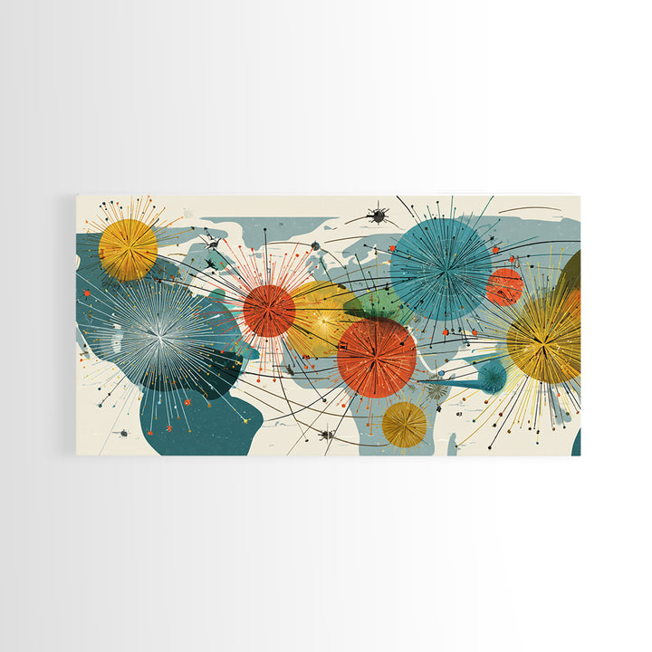 Abstract World Map Starburst Canvas Print, Midcentury Modern Geometric Wall Art, Retro Global Network Decor For Office Or Home