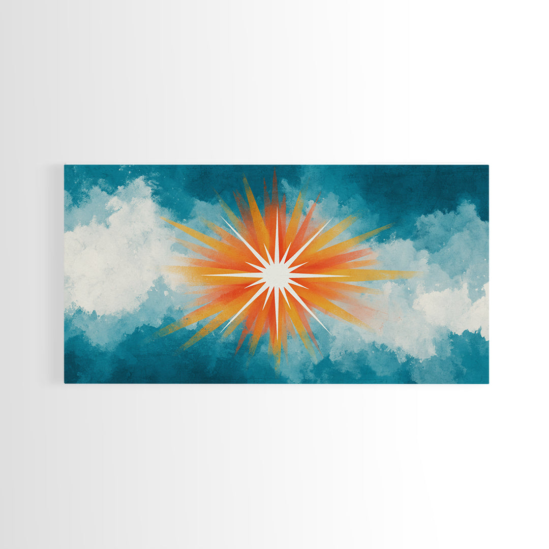 Teal Cloud Sunrise Starburst Canvas Print, Midcentury Modern Nature Wall Art, Retro Sun Poster, Colorful Scenic MCM Decor