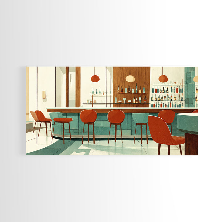Retro Cocktail Bar With Red Chairs And Teal Cabinets, Mid Century Modern Wall Art, MCM Lounge Decor, Canvas Style Print Gift