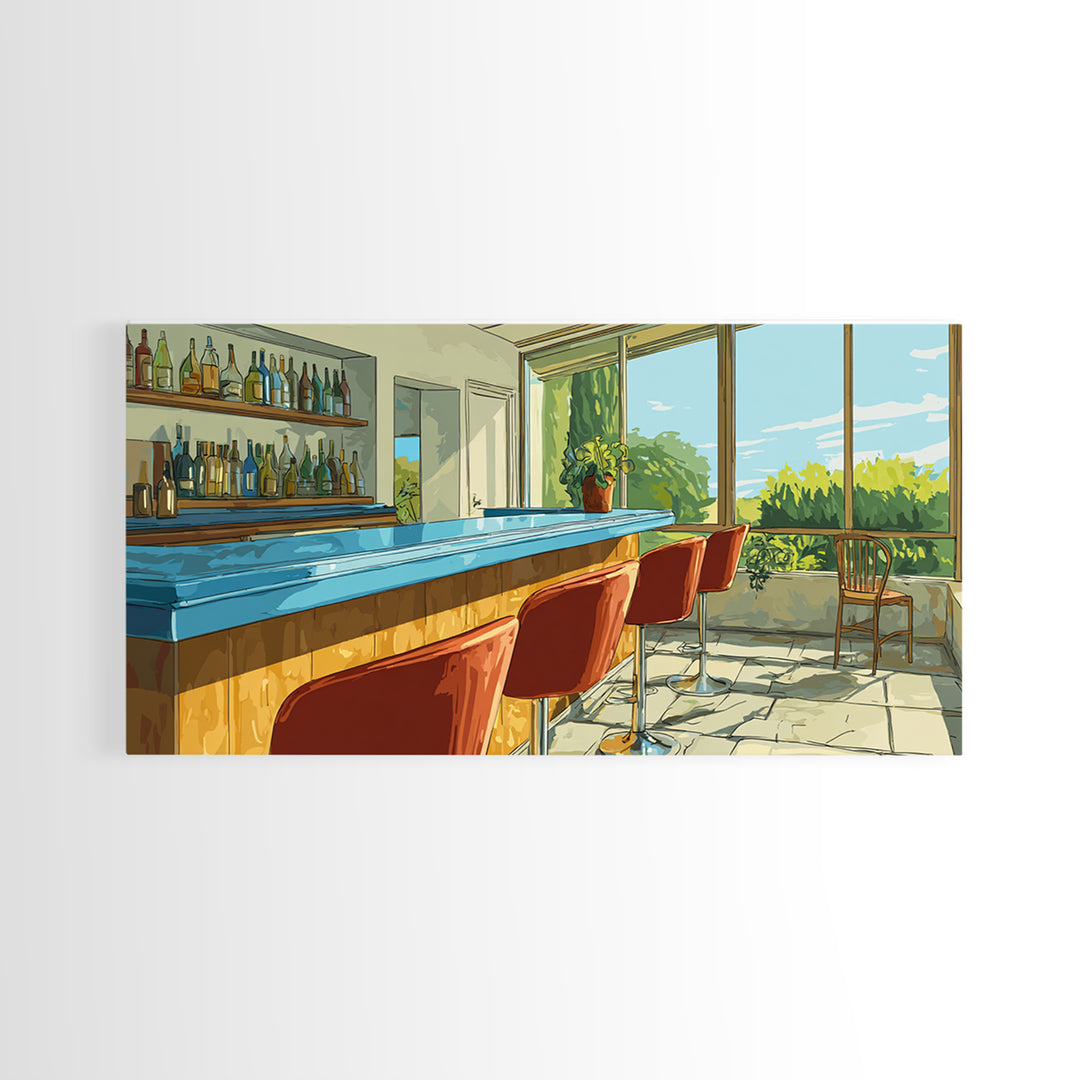 Sunlit Patio Cocktail Bar With Blue Counter And Red Stools, Mid Century Modern Wall Art, Retro Lounge Decor, Scenic Bar Print