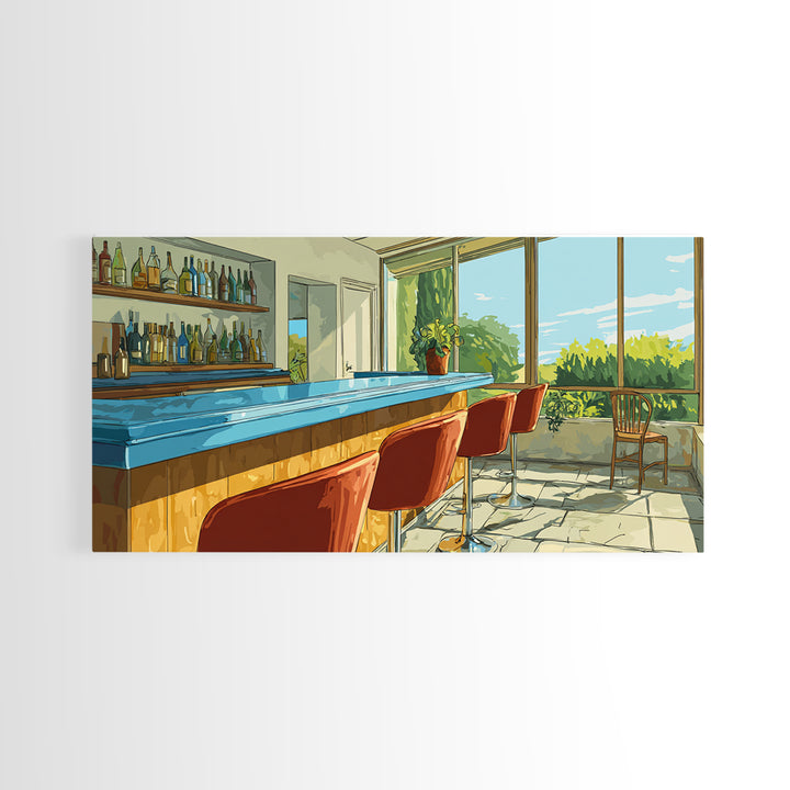 Sunlit Patio Cocktail Bar With Blue Counter And Red Stools, Mid Century Modern Wall Art, Retro Lounge Decor, Scenic Bar Print
