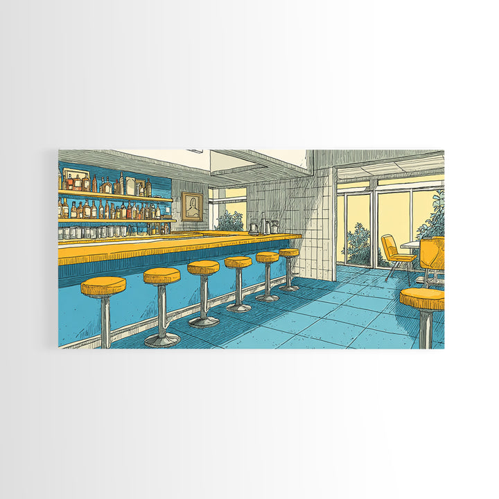 Retro Blue And Yellow Hotel Bar With Round Stools, Mid Century Modern Wall Art, MCM Lounge Decor, Diner Interior Print Poster