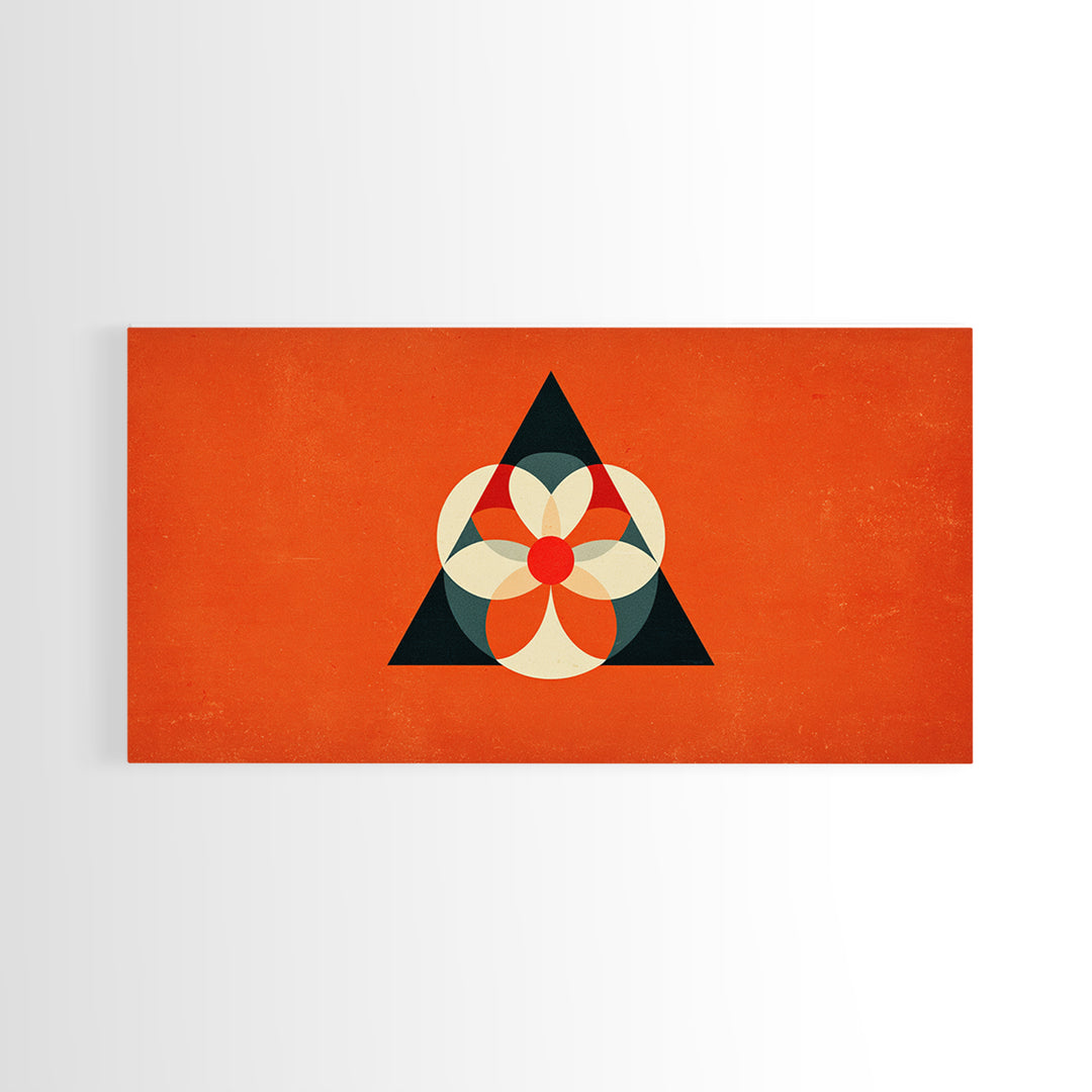 Orange Geometric Flower In Black Triangle, Mid Century Modern Canvas Print, Atomic Bauhaus Wall Decor, Abstract MCM Poster