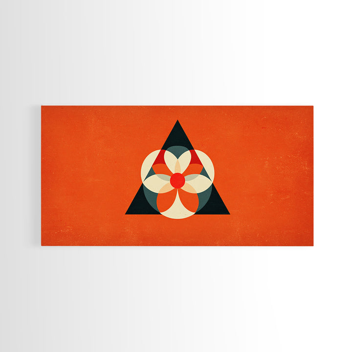 Orange Geometric Flower In Black Triangle, Mid Century Modern Canvas Print, Atomic Bauhaus Wall Decor, Abstract MCM Poster