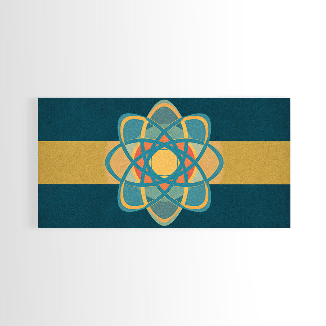 Teal And Gold Atomic Orbit Abstract, Mid Century Modern Wall Art, Retro Science Decor, Geometric MCM Canvas Print Poster
