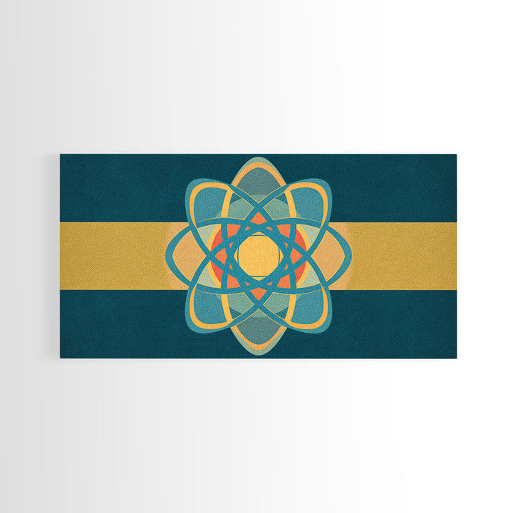 Teal And Gold Atomic Orbit Abstract, Mid Century Modern Wall Art, Retro Science Decor, Geometric MCM Canvas Print Poster
