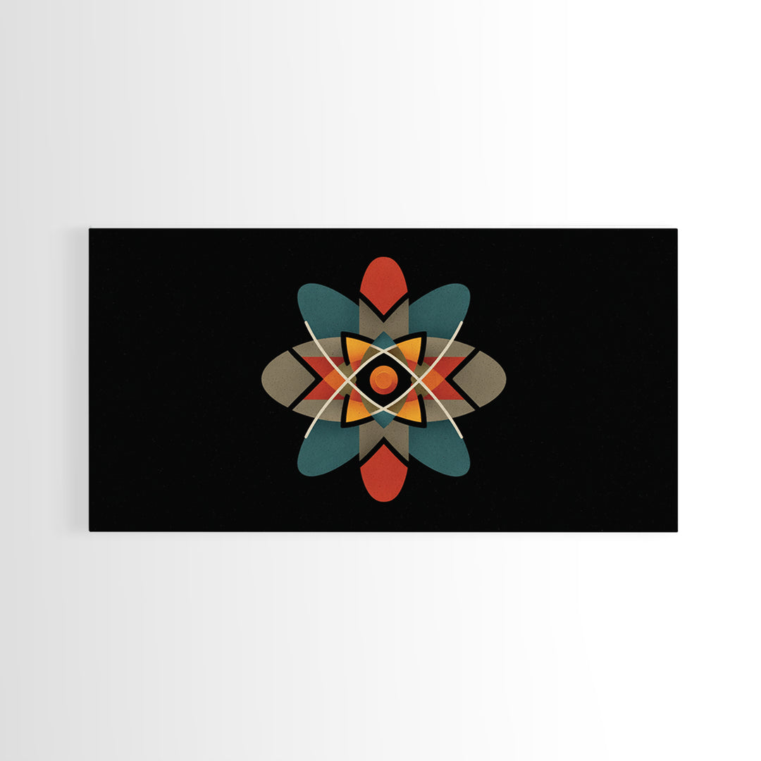 Black Atomic Starburst With Teal Orange Shapes, Mid Century Modern Canvas Print, Retro Space Wall Art, Geometric MCM Decor