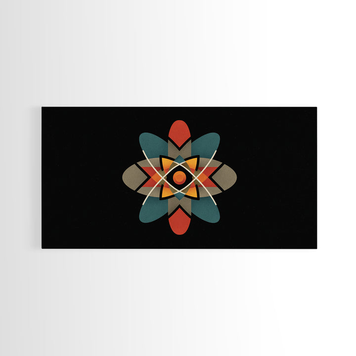 Black Atomic Starburst With Teal Orange Shapes, Mid Century Modern Canvas Print, Retro Space Wall Art, Geometric MCM Decor