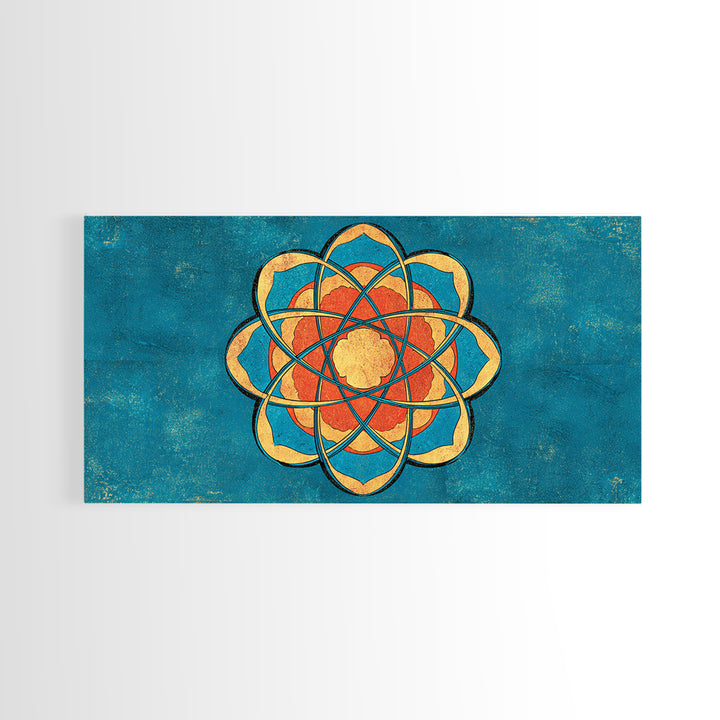 Teal And Orange Atomic Flower Mandala, Mid Century Modern Wall Art, Geometric Abstract Decor, Retro MCM Canvas Print Poster