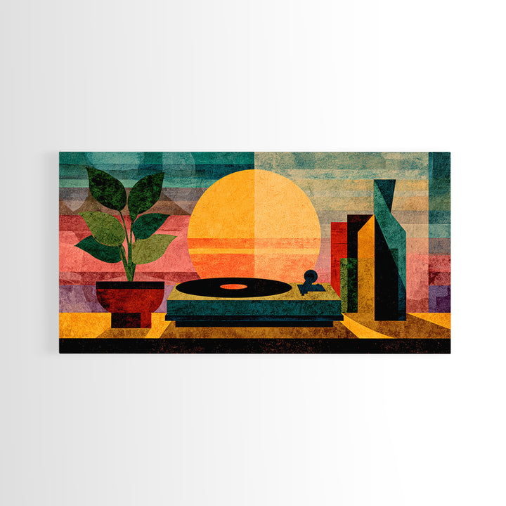Sunset Turntable Still Life With Plant And Bottles, Mid Century Modern Wall Art, Vinyl Record Decor, Retro Music Canvas Print