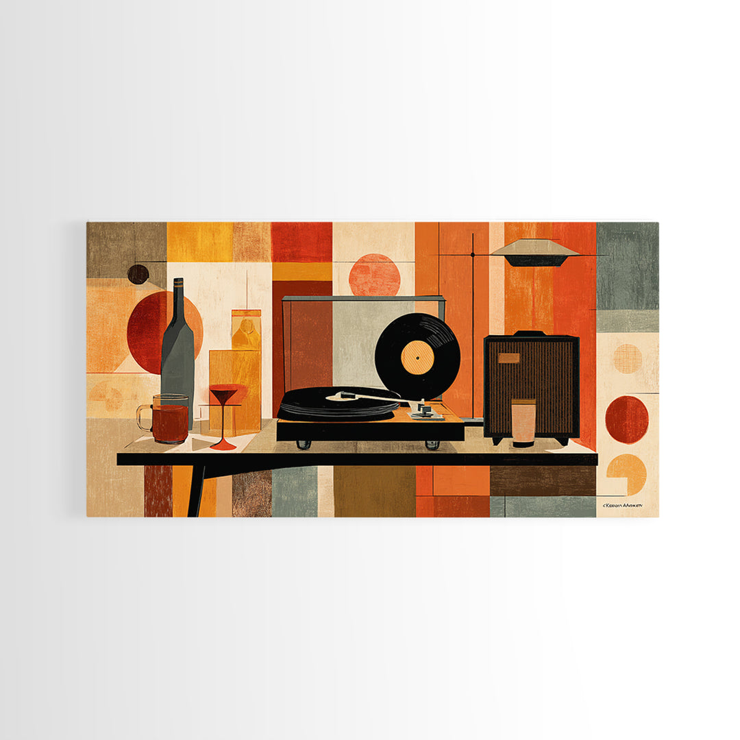 Midcentury Record Player Still Life With Bottle And Radio, Framed Canvas Print, MCM Wall Art, Retro Music Home Decor Poster