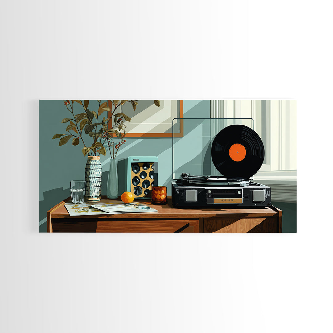 Modern Record Player And Plant Framed Canvas Print, Mid Century Modern Wall Art, Retro Vinyl Decor For Office Or Music Room