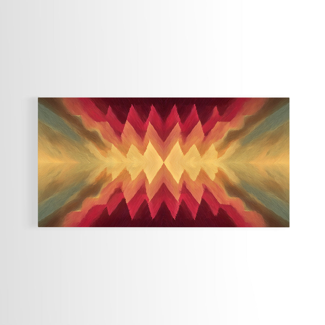 Radiant Chevron Sunset Abstract Canvas Print, Mid Century Modern Wall Art, Warm Red Gold Geometric Decor For Living Room