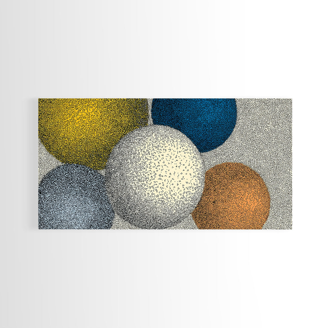 Large Dotted Circle Abstract Wall Art, Mid Century Modern Geometric Poster, Blue Orange Spheres Print For Living Room Decor