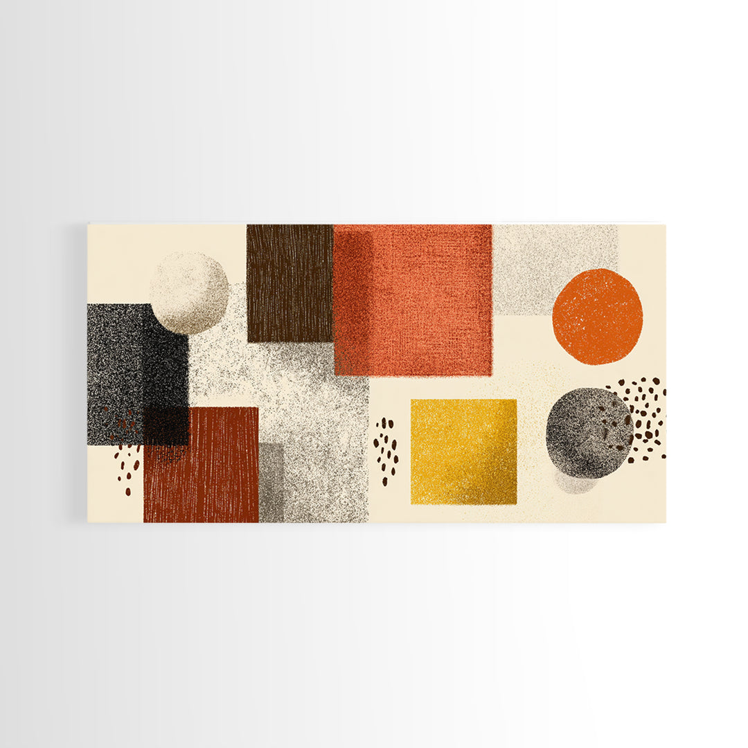 Earth Tone Geometric Shapes Framed Canvas Print, Mid Century Modern Wall Art, Orange Yellow Abstract Decor For Home Office