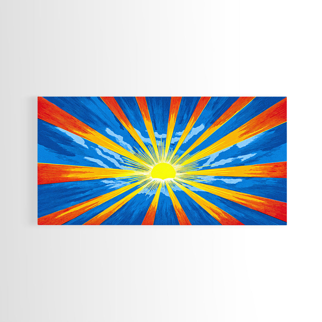 Radiant Sunburst Canvas Print, Blue Orange Yellow Rays Poster, Midcentury Modern Art, Retro Wall Decor, Geometric MCM Print