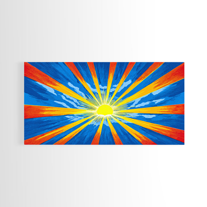 Radiant Sunburst Canvas Print, Blue Orange Yellow Rays Poster, Midcentury Modern Art, Retro Wall Decor, Geometric MCM Print