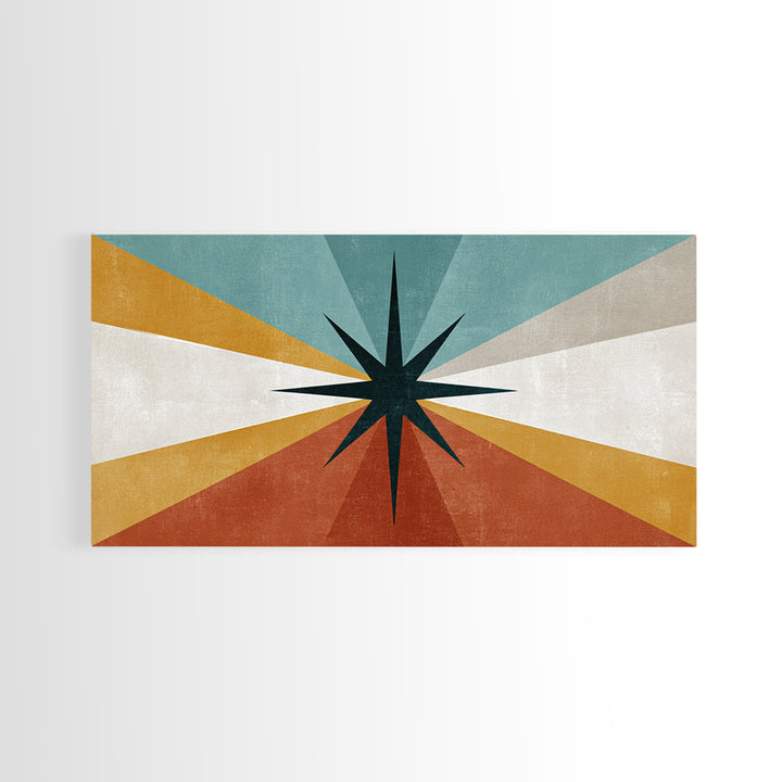 Compass Star Geometric Abstract Wall Art, Mid Century Modern Atomic Poster, Retro MCM Canvas Print, Teal Orange Wall Decor