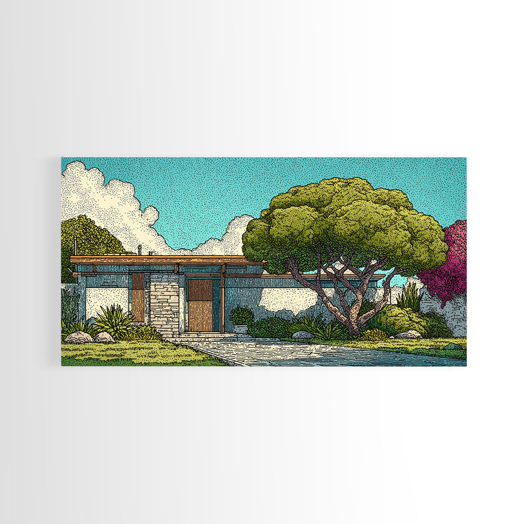Mid Century Modern House Landscape Wall Art, Retro Architecture Poster, Palm Springs Style Home Decor, Colorful Garden Print