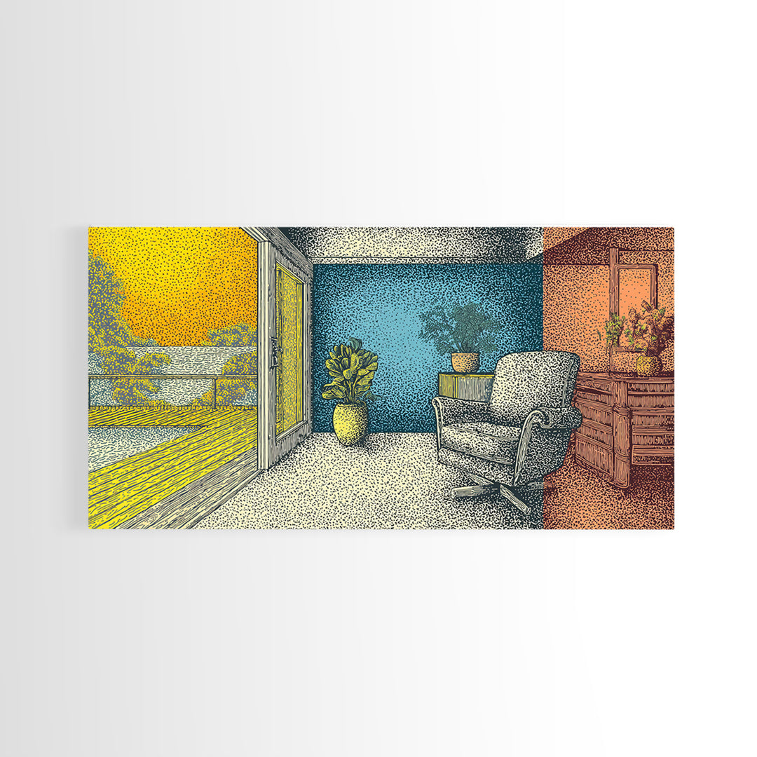 Sunny Midcentury Balcony Interior With Lake View Wall Art, Retro Modern Decor, MCM Living Room Art, Yellow Blue Canvas Print