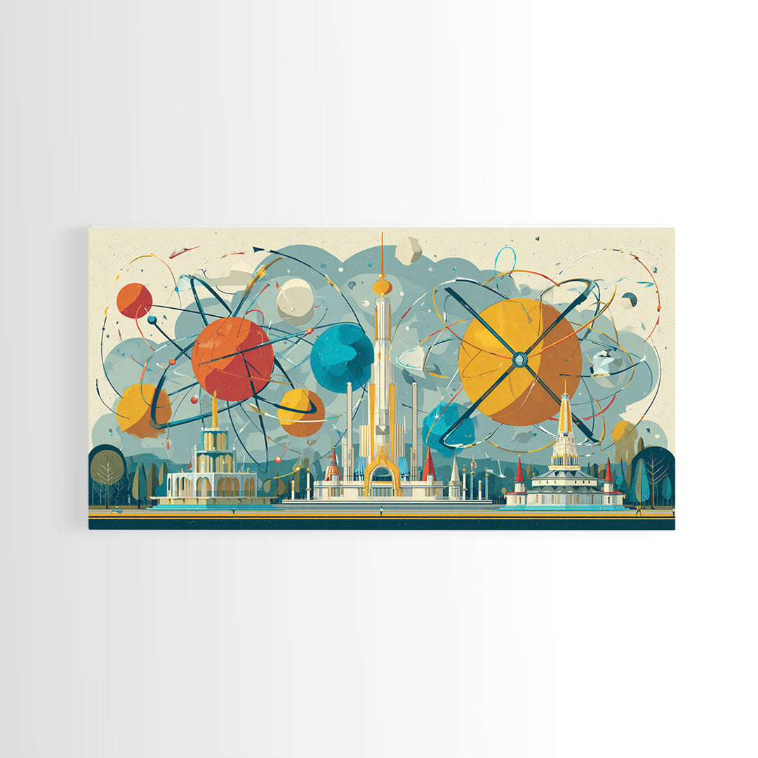 Atomic Planets Over Futuristic Fair City Wall Art, Midcentury Modern Art, Retro Space Poster, MCM Decor, Geometric Canvas Print