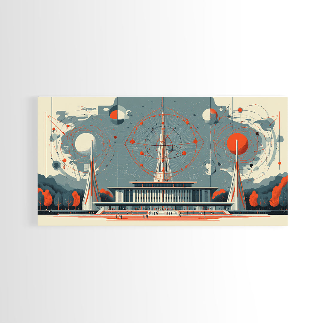 Modernist Atomic Pavilion With Red Orbit Diagrams Wall Art, Midcentury Modern Decor, Bauhaus Poster, Framed Canvas Print