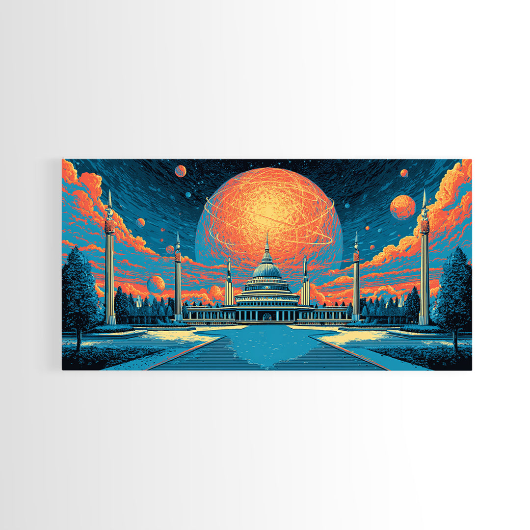 Glowing Orange Planet Over Capitol Skyline Wall Art, Retro Sci Fi Poster, Washington DC Decor, Atomic Midcentury Canvas Print