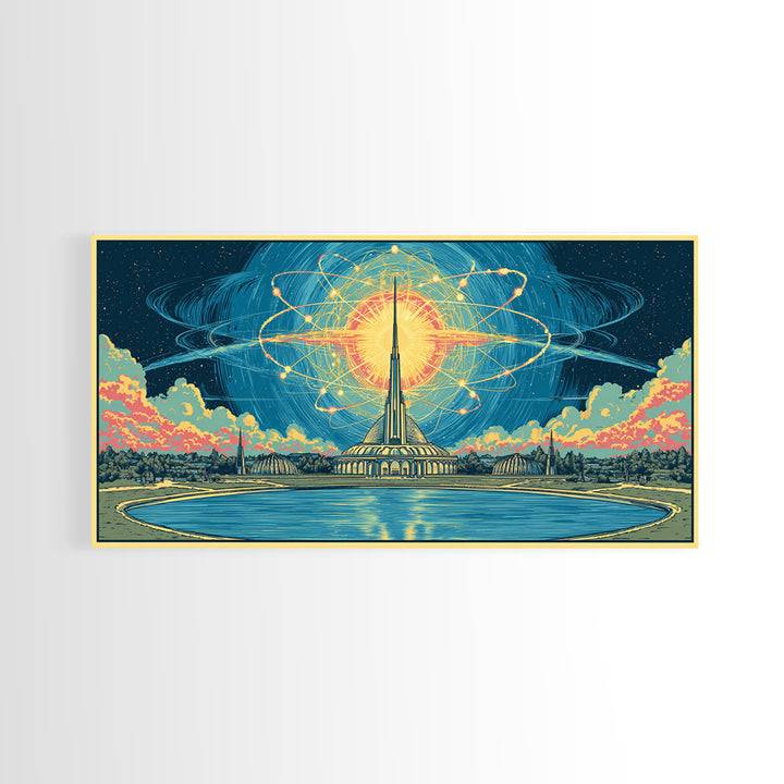 Atomic Sun Above Futuristic Tower And Reflecting Pool Wall Art, Midcentury Modern Decor, Retro Space Framed Canvas Print