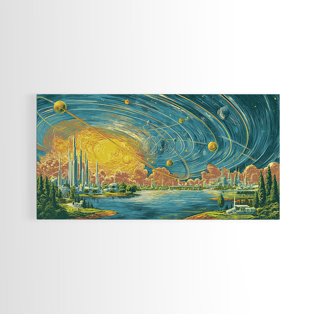 Orbiting Planets Over Futuristic Lake City Wall Art, Retro Modern Art Print, Midcentury Decor, MCM Wall Decor, Atomic Canvas Print