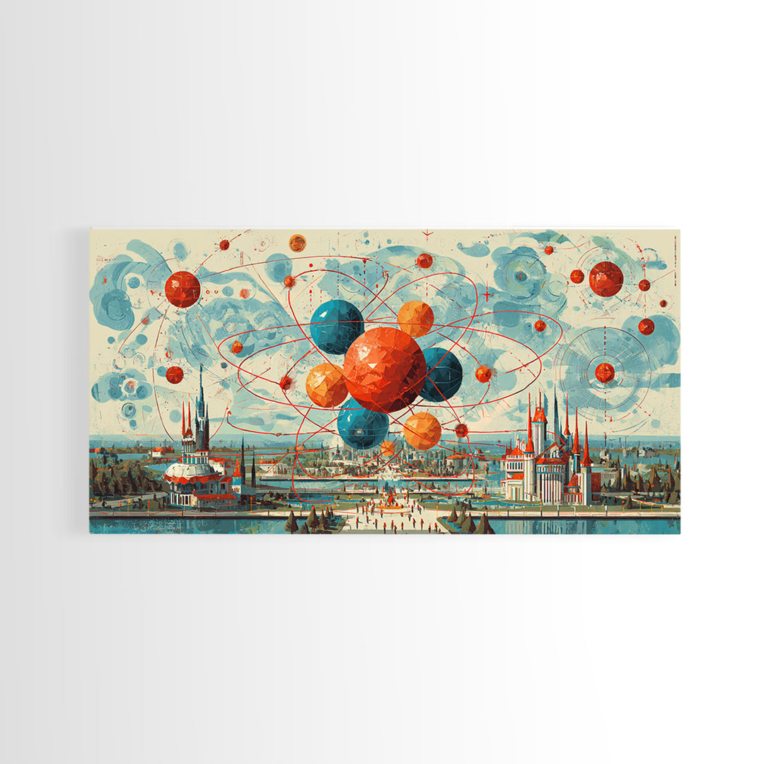 Giant Atomic Spheres Above Worlds Fair City Wall Art, Midcentury Modern Art, Retro Science Poster, MCM Decor, Framed Canvas Print