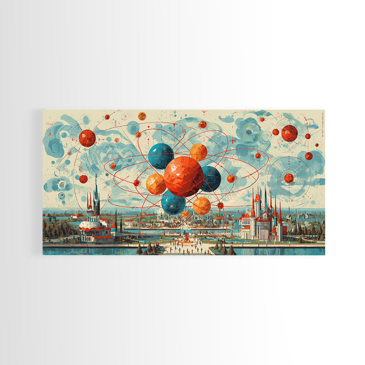 Giant Atomic Spheres Above Worlds Fair City Wall Art, Midcentury Modern Art, Retro Science Poster, MCM Decor, Framed Canvas Print